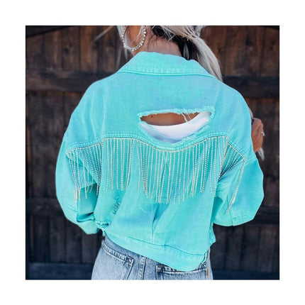 Women's Long Sleeve Tassel Cropped Denim Jacket Ripped Jean Jackets