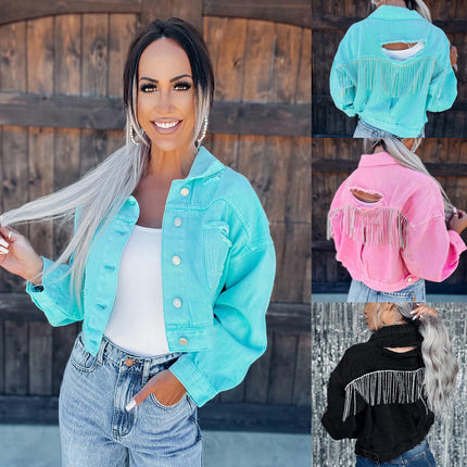 Women's Long Sleeve Tassel Cropped Denim Jacket Ripped Jean Jackets