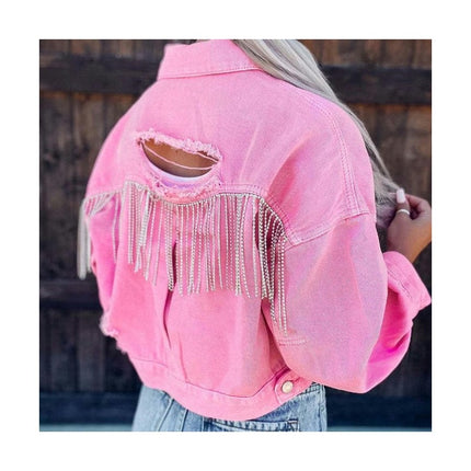 Women's Long Sleeve Tassel Cropped Denim Jacket Ripped Jean Jackets