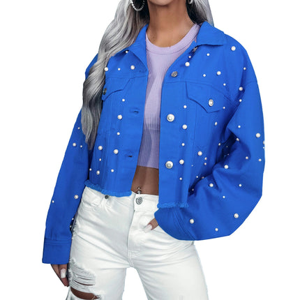 Cropped Jean Jackets for Women Button Down Long Sleeve Beaded Denim Jacket