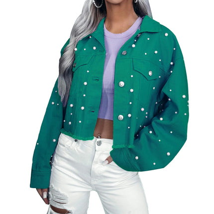 Cropped Jean Jackets for Women Button Down Long Sleeve Beaded Denim Jacket