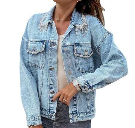 Women Loose Beading Cropped Denim Jacket Long Sleeve Jean Coat