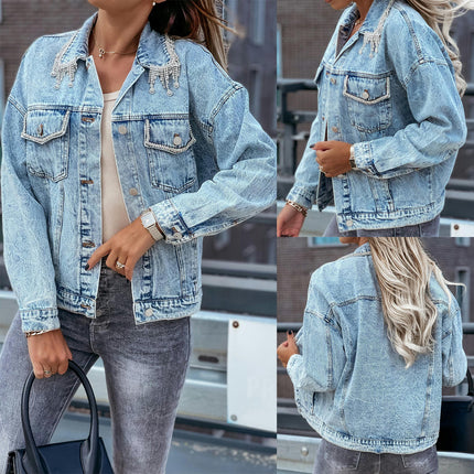 Women Loose Beading Cropped Denim Jacket Long Sleeve Jean Coat