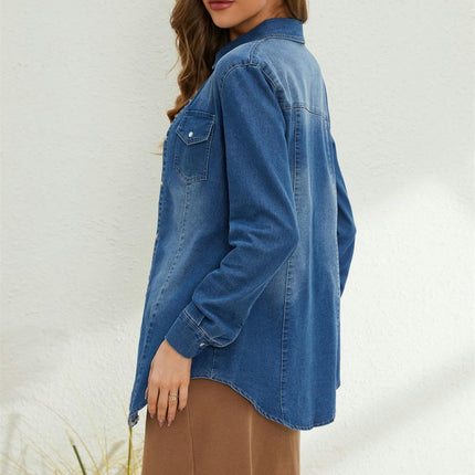 Women's Casual Long Sleeve Button Down Loose Shirt Jean Jacket