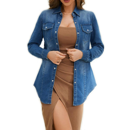 Women's Casual Long Sleeve Button Down Loose Shirt Jean Jacket