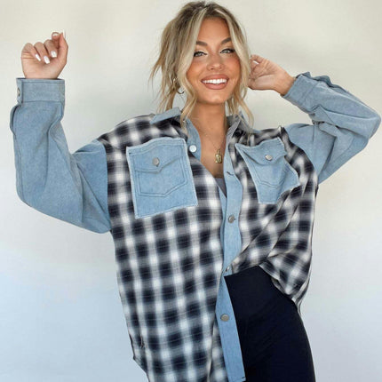 Denim Jacket For Women Casual Long Sleeve Plaid Button Down Jean Shirts Jacket