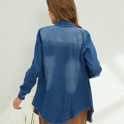 Women's Casual Long Sleeve Button Down Loose Shirt Jean Jacket