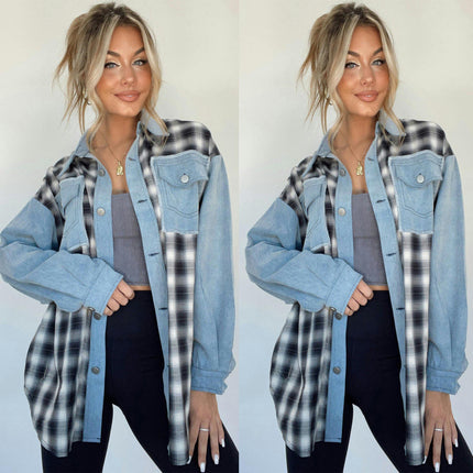 Denim Jacket For Women Casual Long Sleeve Plaid Button Down Jean Shirts Jacket