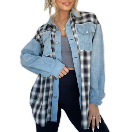 Denim Jacket For Women Casual Long Sleeve Plaid Button Down Jean Shirts Jacket