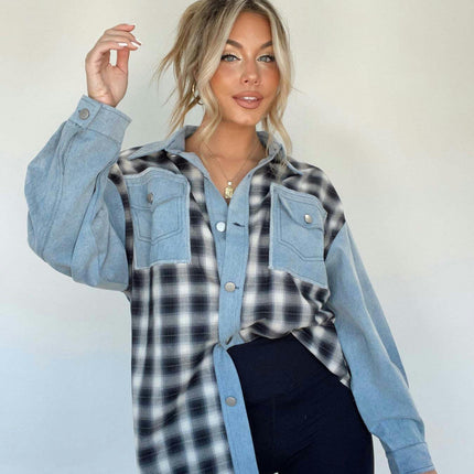 Denim Jacket For Women Casual Long Sleeve Plaid Button Down Jean Shirts Jacket