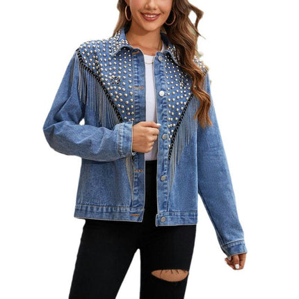 Women's Casual Denim Jacket Rivet Tassel Long Sleeve Jean Jacket