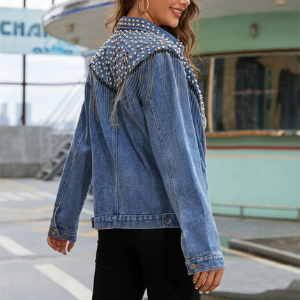 Women's Casual Denim Jacket Rivet Tassel Long Sleeve Jean Jacket