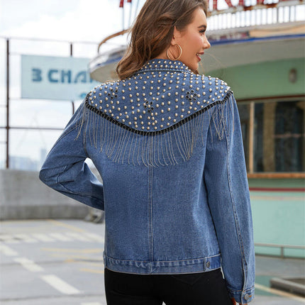 Women's Casual Denim Jacket Rivet Tassel Long Sleeve Jean Jacket