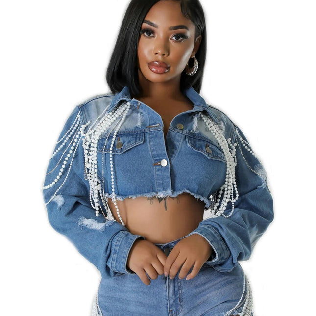 Women's Long Sleeve Beaded Denim Jacket Short Jean Jacket