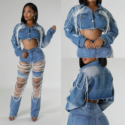 Women's Long Sleeve Beaded Denim Jacket Short Jean Jacket