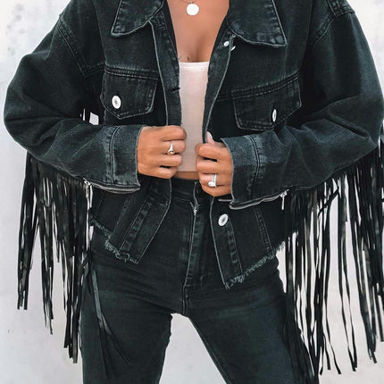 Women's Fringe Jean Jacket Long Sleeve Tassel Cropped Denim Jacket