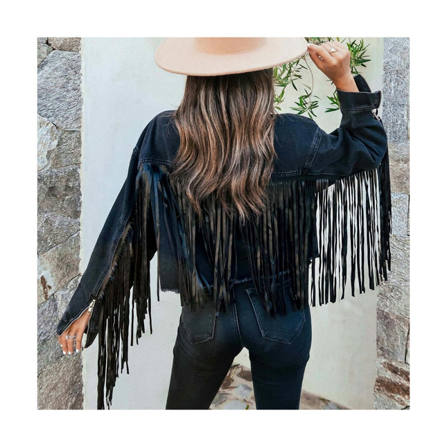 Women's Fringe Jean Jacket Long Sleeve Tassel Cropped Denim Jacket