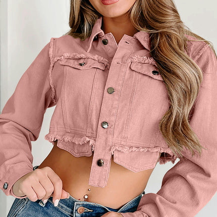 Long Sleeve Denim Jackets for Women Button Down Cropped Frayed Jean Jacket