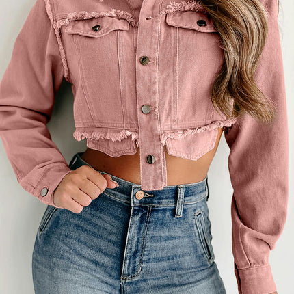 Long Sleeve Denim Jackets for Women Button Down Cropped Frayed Jean Jacket