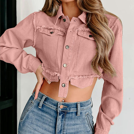 Long Sleeve Denim Jackets for Women Button Down Cropped Frayed Jean Jacket