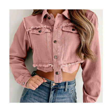 Long Sleeve Denim Jackets for Women Button Down Cropped Frayed Jean Jacket