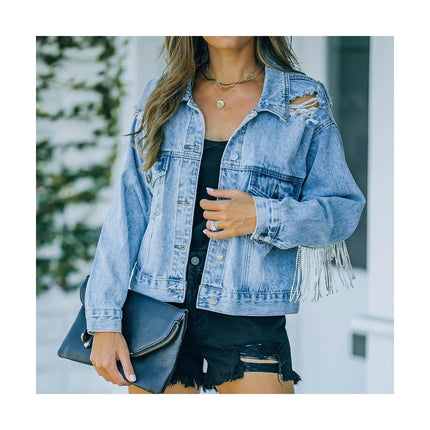 Women's Casual Jean Jacket Tassel Ripped Long Sleeve Cropped Denim Jackets