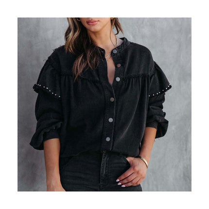 Long Sleeve Denim Jackets for Women Button Down Frayed Jean Jacket