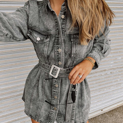 Women Casual Jean Jacket Long Sleeve Belted Button Up Denim Shirt Jacket