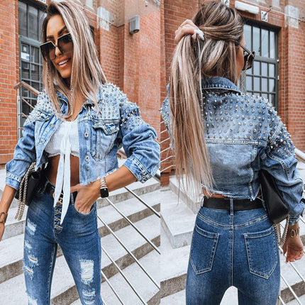 Cropped Denim Jackets for Women Long Sleeve Rivet Jean Jackets