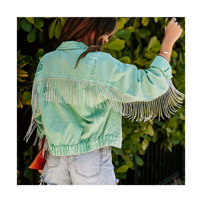 Long Sleeve Denim Jacket for Women Fringe Distressed Jean Jacket