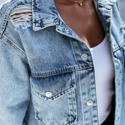 Women's Denim Jacket Long Sleeve Distressed Button Down Jean Jacket