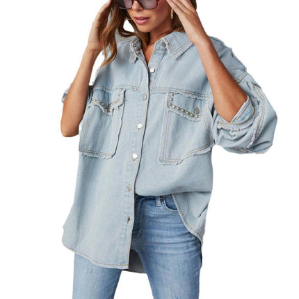 Denim Jacket for Women Button Down Casual Long Sleeve Frayed Shirt Jean Jackets