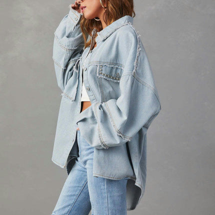 Denim Jacket for Women Button Down Casual Long Sleeve Frayed Shirt Jean Jackets