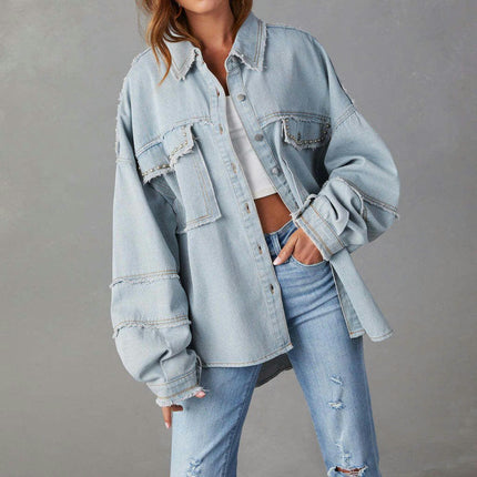 Denim Jacket for Women Button Down Casual Long Sleeve Frayed Shirt Jean Jackets