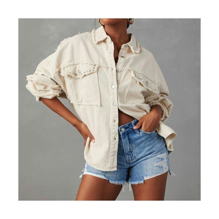 Denim Jacket for Women Button Down Casual Long Sleeve Frayed Shirt Jean Jackets