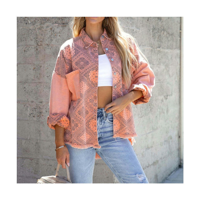 Women's Casual Shirt Jean Jacket Frayed Raw Hem Long Sleeve Denim Jacket