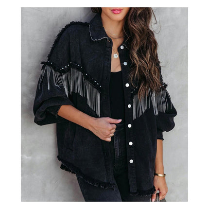 Women's Long Sleeve Jean Jacket Frayed Tassel Cropped Denim Jacket