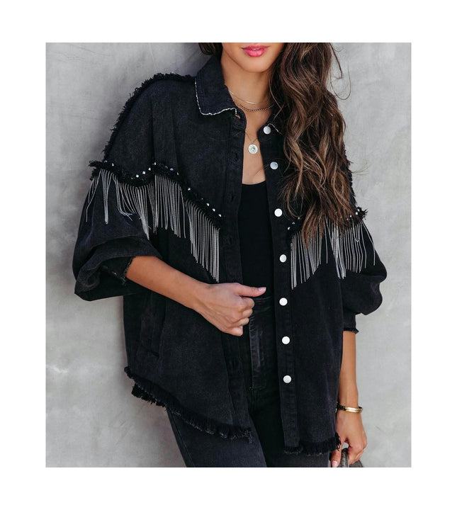 Women's Long Sleeve Jean Jacket Frayed Tassel Cropped Denim Jacket