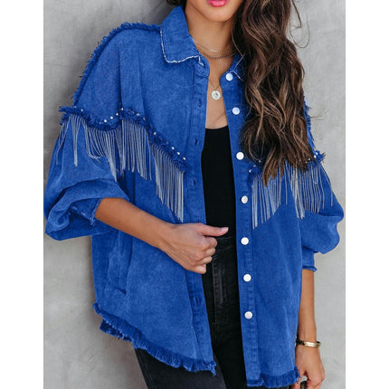 Women's Long Sleeve Jean Jacket Frayed Tassel Cropped Denim Jacket