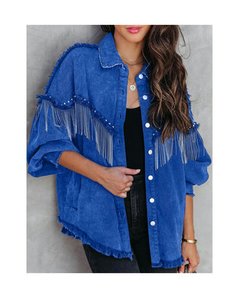 Women's Long Sleeve Jean Jacket Frayed Tassel Cropped Denim Jacket