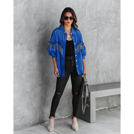 Women's Long Sleeve Jean Jacket Frayed Tassel Cropped Denim Jacket