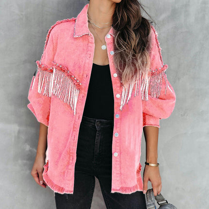 Women's Long Sleeve Jean Jacket Frayed Tassel Cropped Denim Jacket