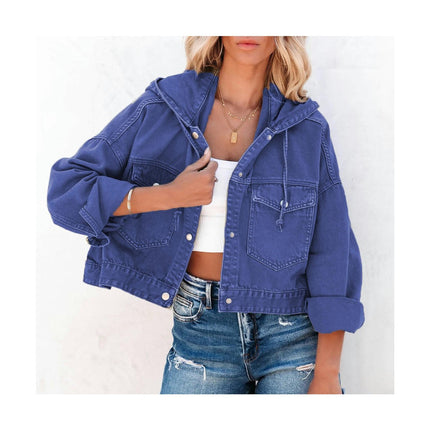 Women's Long Sleeve Button Down Denim Jackets Hooded Jean Jacket Coat