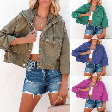 Women's Long Sleeve Button Down Denim Jackets Hooded Jean Jacket Coat