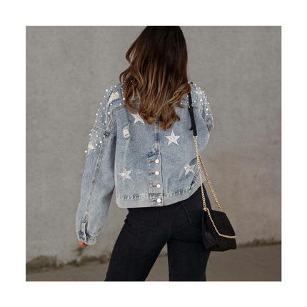 Women Casual Beading Cropped Denim Jacket Long Sleeve Jean Jacket