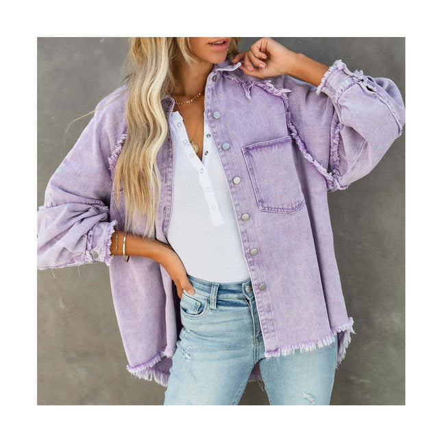 Denim Jackets for Women Frayed Raw Hem Long Sleeve Button Down Shirt Jean Jacket