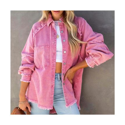 Denim Jackets for Women Frayed Raw Hem Long Sleeve Button Down Shirt Jean Jacket