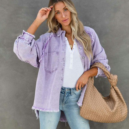 Denim Jackets for Women Frayed Raw Hem Long Sleeve Button Down Shirt Jean Jacket