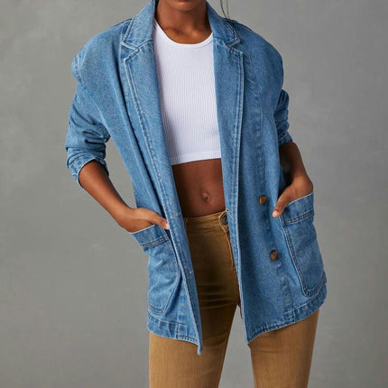 Womens Button Down Denim Jacket Long Sleeve Pocket Lapel Jean Blazer