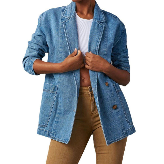 Womens Button Down Denim Jacket Long Sleeve Pocket Lapel Jean Blazer